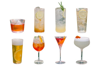 Assortment of refreshing mixed drink:A refreshing mixed drink that includes alcoholic drink, non alcoholic drink and a beer on a simple table.