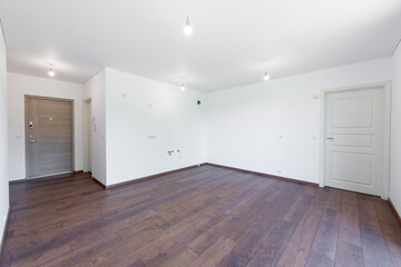 Spacious Modern Interior Corner With White Walls and Wooden Flooring