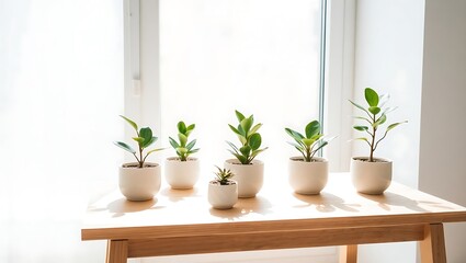 Fototapeta premium Small Indoor Plants by Sunny Window on Wooden Table