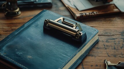 A vintage book with a magnifying glass resting on it sits on a rustic wooden table, surrounded by papers and other desk items.
