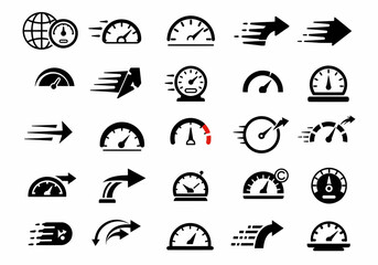 Illustration of various speedometers and arrows indicating motion and direction in a vector format