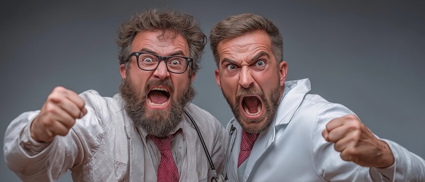 The doctor is being held by an aggressive man during their confrontation.