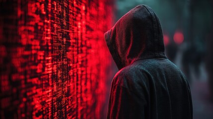 Mysterious Hooded Figure Contemplating a Glowing Red Digital Display Wall