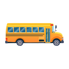 Bright yellow school bus parked on a sunny day near a playground with children playing and enjoying outdoor activities nearby. PNG image, transparent background