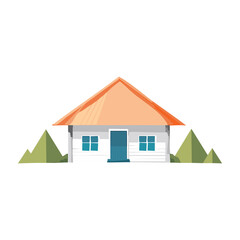 Colorful house with triangular roof and surrounding greenery in a digital illustration style. PNG image, transparent background