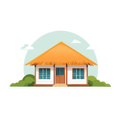 Traditional straw-roofed house set against a serene background with gentle clouds and greenery. PNG image, transparent background