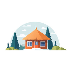 Charming wooden cottage nestled among tall pine trees in a serene landscape with a clear sky. PNG image, transparent background
