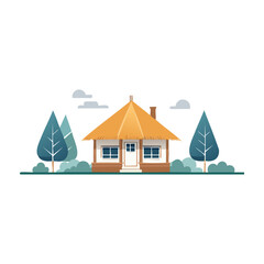 Cottage with thatched roof surrounded by trees in a serene outdoor setting during the daytime. PNG image, transparent background