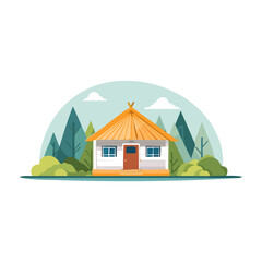 Cozy cabin nestled in serene landscape surrounded by lush trees and mountains in a peaceful natural setting. PNG image, transparent background