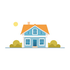 Charming blue house with orange roof surrounded by greenery in bright sunny weather. PNG image, transparent background