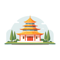 Traditional Asian temple with multiple levels set against a clear sky in a serene environment with green trees. PNG image, transparent background