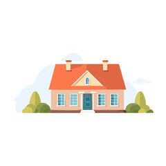 Charming suburban house with a red roof surrounded by greenery and a clear sky during a sunny day. PNG image, transparent background