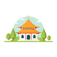 Traditional Asian temple surrounded by trees during a sunny day in a serene setting with vibrant colors. PNG image, transparent background