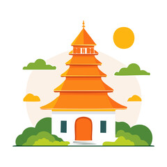 Colorful pagoda surrounded by green trees under a sunny sky with clouds at midday. PNG image, transparent background
