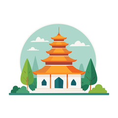 Elegant temple in a serene landscape with lush greenery and clear skies during a sunny day. PNG image, transparent background