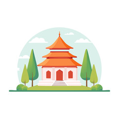 Colorful temple surrounded by green trees under a clear blue sky in a serene landscape. PNG image, transparent background