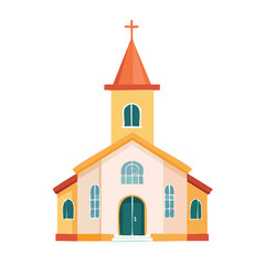 Colorful church with a tall steeple and vibrant windows in a sunny outdoor setting. PNG image, transparent background