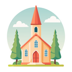 Colorful church surrounded by green trees in a serene landscape during a clear day. PNG image, transparent background