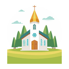 Charming church with golden spire nestled among green trees in a peaceful landscape during daylight. PNG image, transparent background