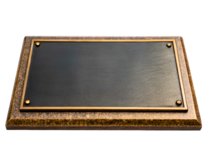Blank rectangular metal plaque on a textured bronze base on a transparent background