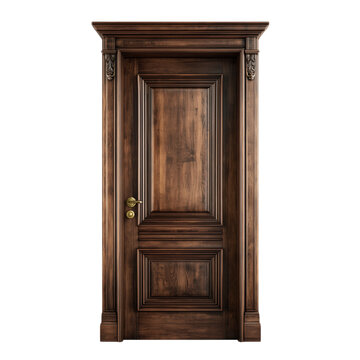 Elegant dark wood door with intricate carvings and decorative door hardware isolated on white transparent background