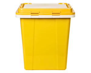 Yellow sharps container for safe disposal of medical waste on a transparent background