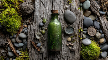 Fototapeta premium Weathered gray wood with moss green bottle, pebbles, and natural 