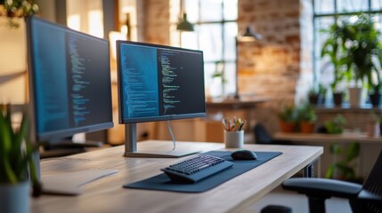 A modern workspace with dual monitors displaying code, a keyboard, mouse, and a cozy, well-lit office environment with plants and brick walls.