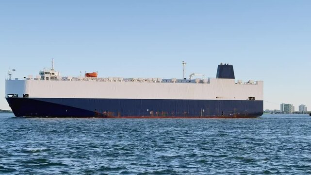 Vehicle carrier or RO-RO ship sailing with tugboat into port