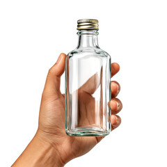 Clear Glass Bottle Hand Gold Cap isolated on a transparent background
