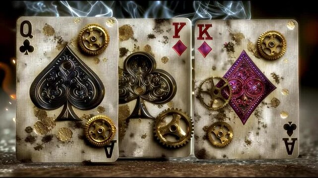Fantasy Steampunk Card Trio &ndash; Queen, King, Ace with Moving Gears. Generative AI