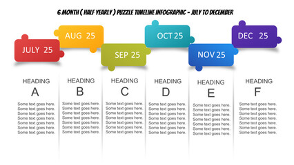 6 Months Timeline Infographic with Puzzle Tabs – July to December Template. Half-yearly. Fully editable modern infographic vector elements SVG file compatible with PowerPoint.