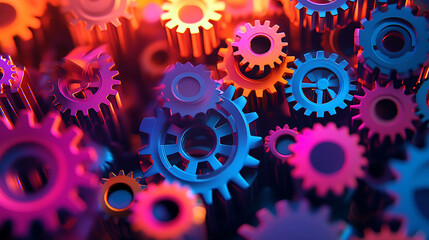 An abstract design of interlocking metallic gears in vibrant shades