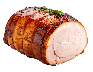 Whole Whiskey-Glazed Pork Loin with Caramelized Finish, isolated on transparent background.