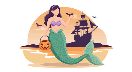 Halloween Mermaid with Pumpkin Bucket and Pirate Ship Silhouette.