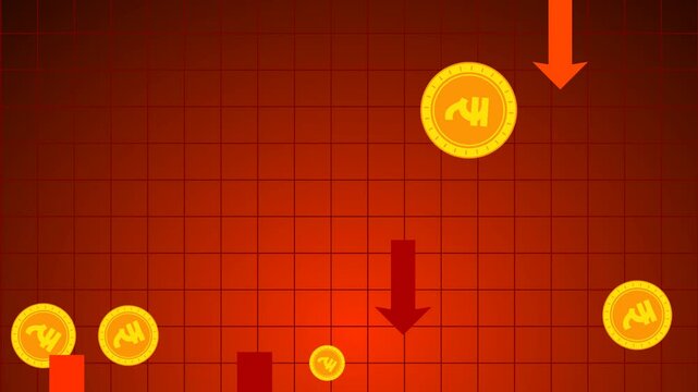 Rupee golden coins falling with red arrows downward, concept of weak currency, red graph, financial.