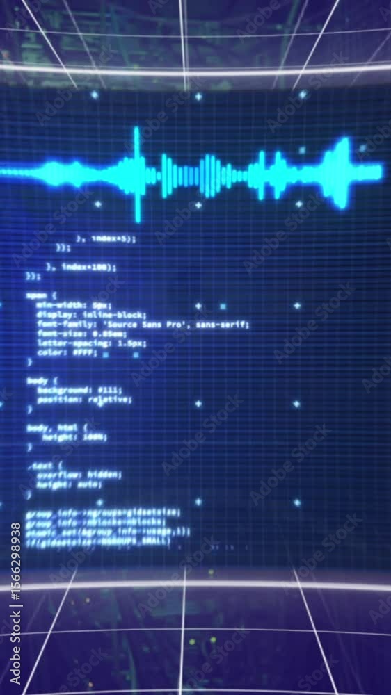 Poster animation of data processing on screens over tech room with computer servers