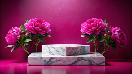 Elegant Marble Display Stand with Vibrant Pink Peonies on Magenta Background