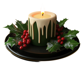 3D Of Christmas Candle with Holly and Berries on Transparent Background