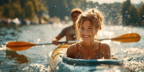 A cheerful duo, a woman, man, are seen in orange kayak on sparkling water, holding paddles and smiling towards camera. The scene captures the joy of outdoor activities, summer fun, shared adventure