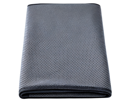 Folded gray quick-dry sports towel with a mesh texture on a transparent background