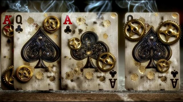 Steampunk Poker Cards in Motion &ndash; Gears, Smoke, and Royal Suite. Generative AI