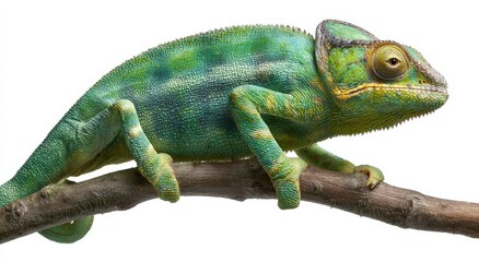 Close-up of a vibrant green chameleon perched on a thin branch with detailed textured skin and large eye, isolated on white background