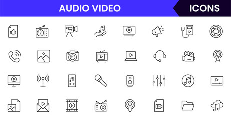 Modern vector line icons representing media tools, cameras, microphones, play buttons, and screens, perfect for digital content and broadcasting platforms.