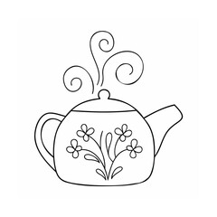 Handdrawn outline teapot with floral design steam swirls on kettle drink