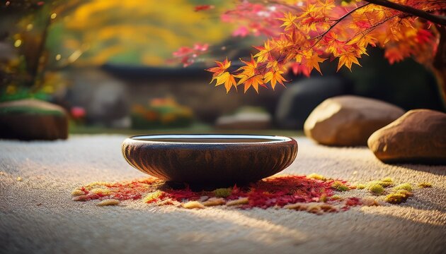Ein ruhiger Zen-Garten zeigt ein schlichtes Wassersch&auml;lchen aus Stein