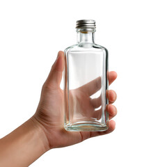 Clear Glass Bottle in Hand isolated on a transparent background