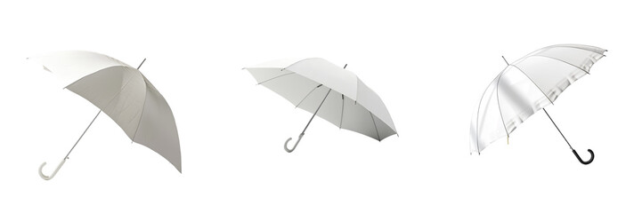 Set of classic white umbrellas in different angles, isolated on transparent background

