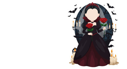 Elegant Vampire Queen with Roses Bats and Candlelight Halloween Illustration.