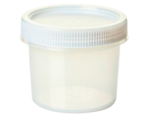 Empty sterile plastic specimen container with a screw top lid on a transparent background
